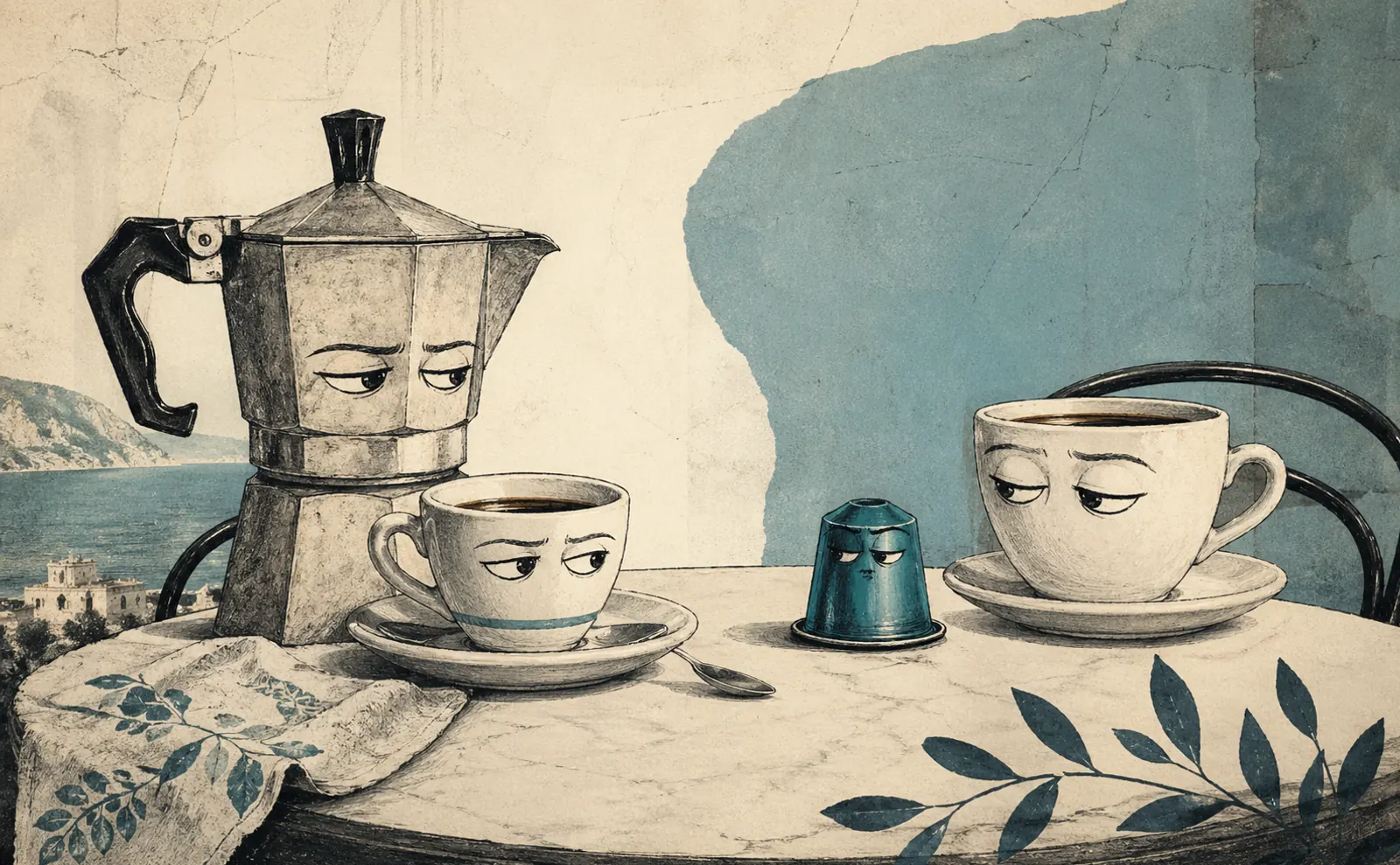 Moka, capsula, espresso e decaffeinato seduti allo stesso tavolo